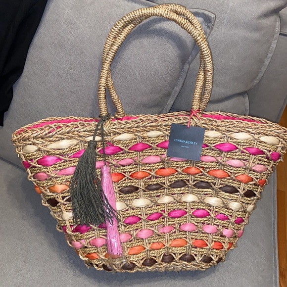CYNTHIA ROWLEY Pink Multi Woven Beach/Picnic Drawstring Tote NWT $165 - Picture 9 of 9